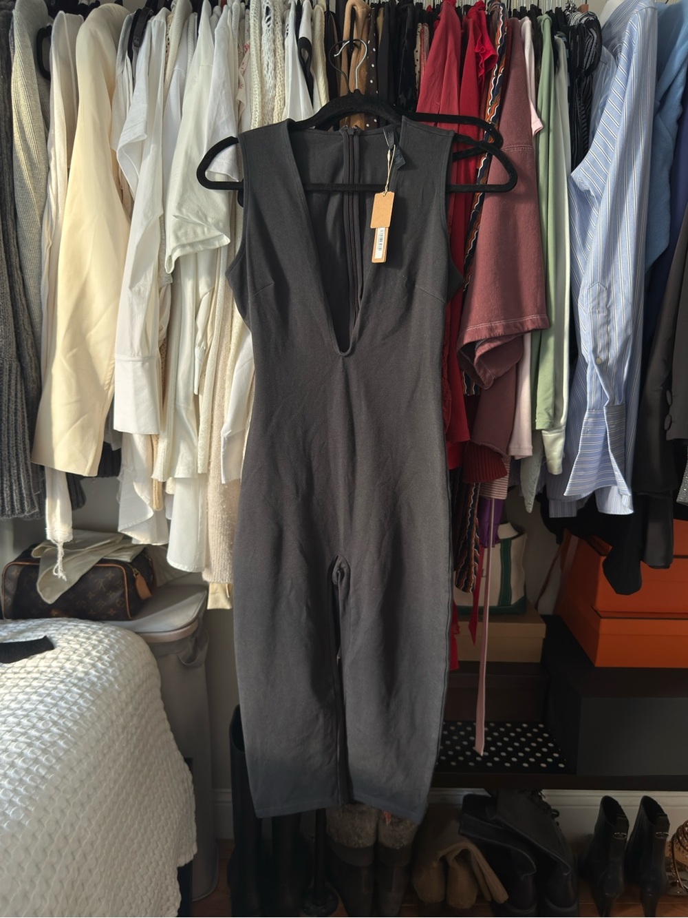 SKIMS Black Deep V Sleeveless Jumpsuit